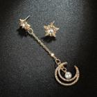 Non-matching Faux Pearl Rhinestone Moon & Star Dangle Earring 1 Pair - As Shown In Figure - One Size