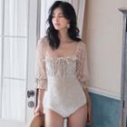 Bell-sleeve Lace Panel Swimsuit