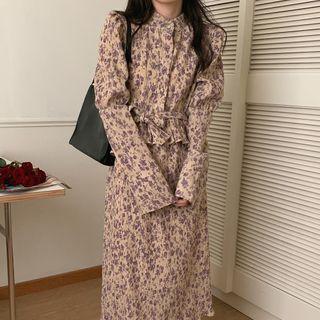 Long-sleeve Floral Midi Dress Gray Flower - Beige - One Size