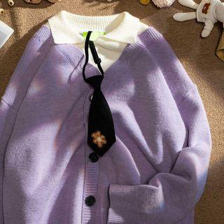 Mock Two Piece Button-up Sweater With Tie