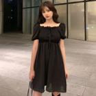 Short-sleeve Frill-trim A-line Dress Black - One Size
