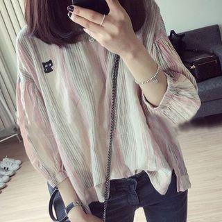 3/4-sleeve Cat Print Striped Shirt