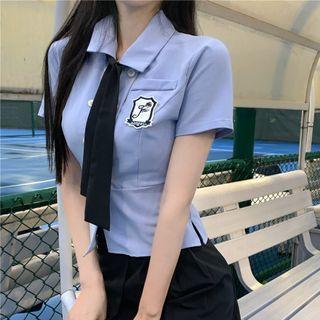 Short-sleeve Logo Crop Shirt / Pleated Mini A-line Skirt
