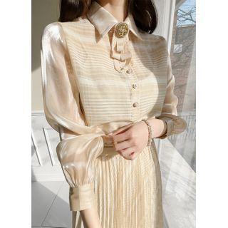 Contrast-sleeve Plaid Chiffon Blouse