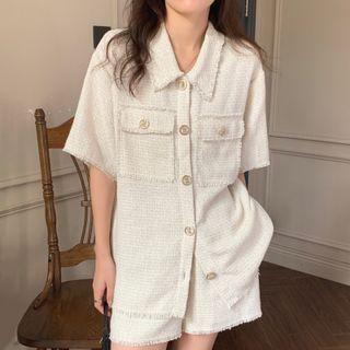 Set: Tweed Short-sleeve Button Top + Shorts Set - Off White - One Size