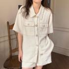 Set: Tweed Short-sleeve Button Top + Shorts Set - Off White - One Size