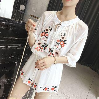 Set: Embroidered Elbow-sleeve Blouse + A-line Shorts