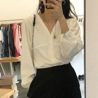 V-neck Lace Trim Long-sleeve Blouse White - One Size