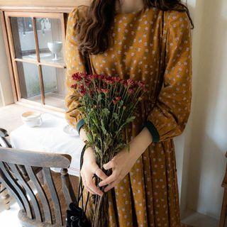 Contrast-trim Floral Print Dress Mustard Yellow - One Size