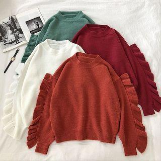 Plain Ruffled-trim Long-sleeve Sweater