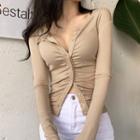 Long-sleeve Ruched Button-up Crop Top