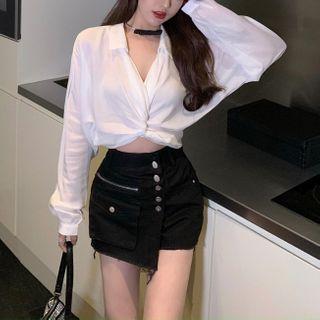 Balloon-sleeve Knotted Cropped Blouse / Mini Denim Skort