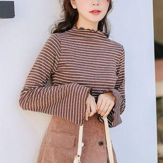 Bell Sleeve Mock Neck Striped T-shirt