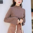 Bell Sleeve Mock Neck Striped T-shirt