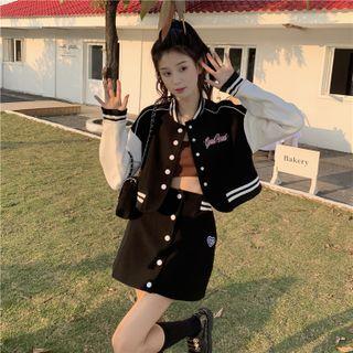 Letter Embroidered Baseball Jacket / A-line Skirt