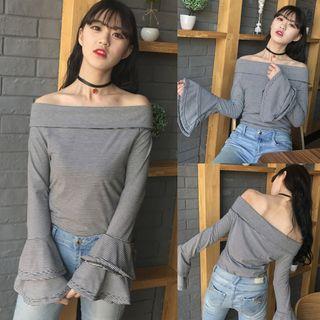 Striped Off-shoulder Fluted Long-sleeve T-shirt