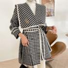Sailor-collar Houndstooth Knit Jacket With Brooch