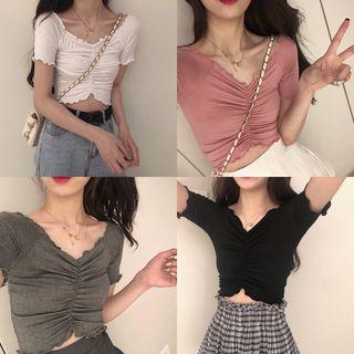 Ruffled-trim Ruched Crop T-shirt