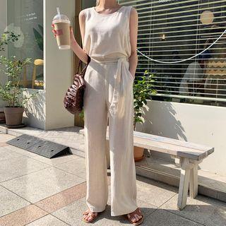 Set: Sleeveless Linen Blend Top + Tie-waist Pants