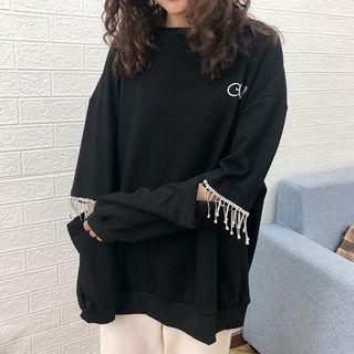 Fringed Trim Sleeve Sweatshirt Black - One Size