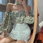 Elbow-sleeve Off-shoulder Floral Print Top / Frill Trim Fitted Mini Skirt
