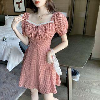 Lace Trim Gingham Short-sleeve Mini A-line Dress