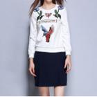 Set: Flower Embroidered Pullover + Plain Skirt