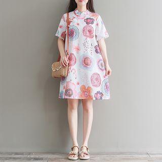 Traditional Chinese Elbow-sleeve Floral Print Dress