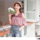 Cold Shoulder V-neck Embroidered Chiffon Top