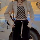 Halter-neck Chessboard Camisole Top / Drawstring Wide-leg Pants / Asymmetrical Cropped Blazer