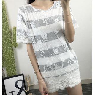 Striped Short-sleeve Lace Overlay Crewneck T-shirt