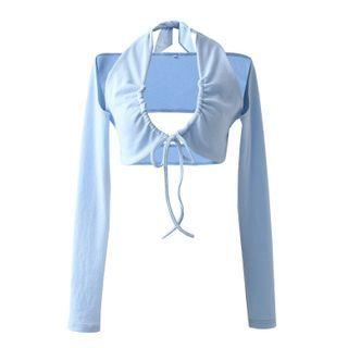 Long-sleeve Off-shoulder Drawstring Cropped Top