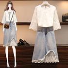 Lace 3/4-sleeve Top / Denim Skirt / Set