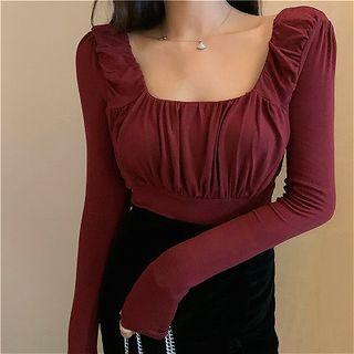Plain Square-neck Ruched Slim-fit Long-sleeve T-shirt