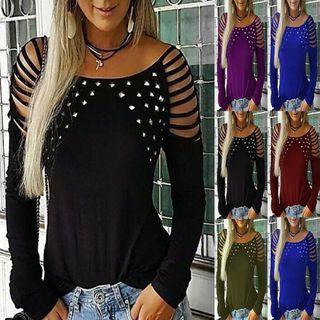Long-sleeve Studded Cut-out T-shirt