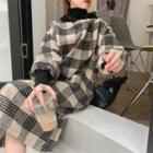 Long-sleeve Plaid Loose-fit Hooded Dress Almond - One Size