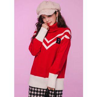 Turtleneck Lettering Contrast-trim Sweater