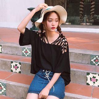Strappy Elbow Sleeve Chiffon Top
