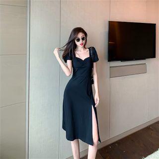 Plain Split Puff-sleeve Dress