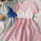 Set: Puff-sleeve Floral Midi Dress + Vest