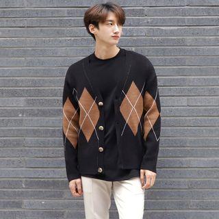 V-neck Buttoned Wool Blend Argyle Cardigan