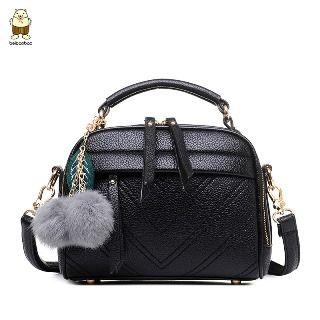 Faux-leather Pompom-accent Satchel