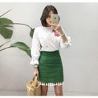 Tasseled-hem Linen Mini Skirt
