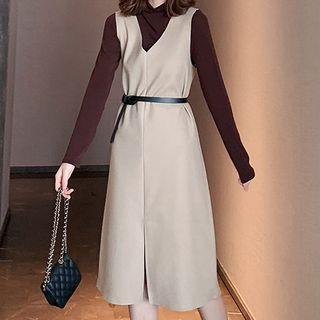 Set: Mock-turtleneck Long-sleeve T-shirt + Belted Pinafore Midi Dress