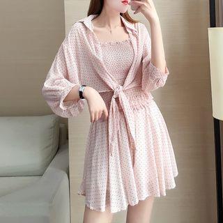 Set: Spaghetti Strap Patterned Top + Wide-leg Shorts + 3/4-sleeve Shirt