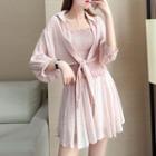 Set: Spaghetti Strap Patterned Top + Wide-leg Shorts + 3/4-sleeve Shirt