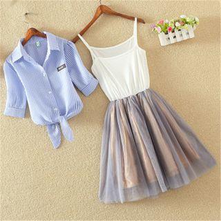 Tie Hem Elbow-sleeve Shirt / Mesh Strappy Dress / Set: Tie Hem Elbow-sleeve Shirt + Mesh Strappy Dress