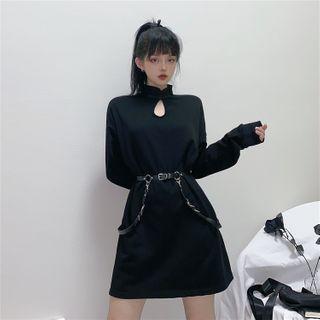Frog-button Stand Collar Long Sleeve Shift Dress