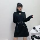 Frog-button Stand Collar Long Sleeve Shift Dress