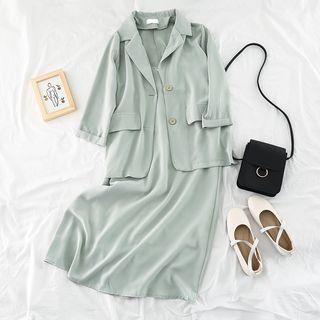 Set: Spaghetti Strap A-line Midi Chiffon Dress + Blazer